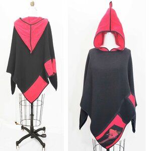Sammer Berlin Womens Red Black Knit Cotton Blend Cape with Hood Lagenlook L
